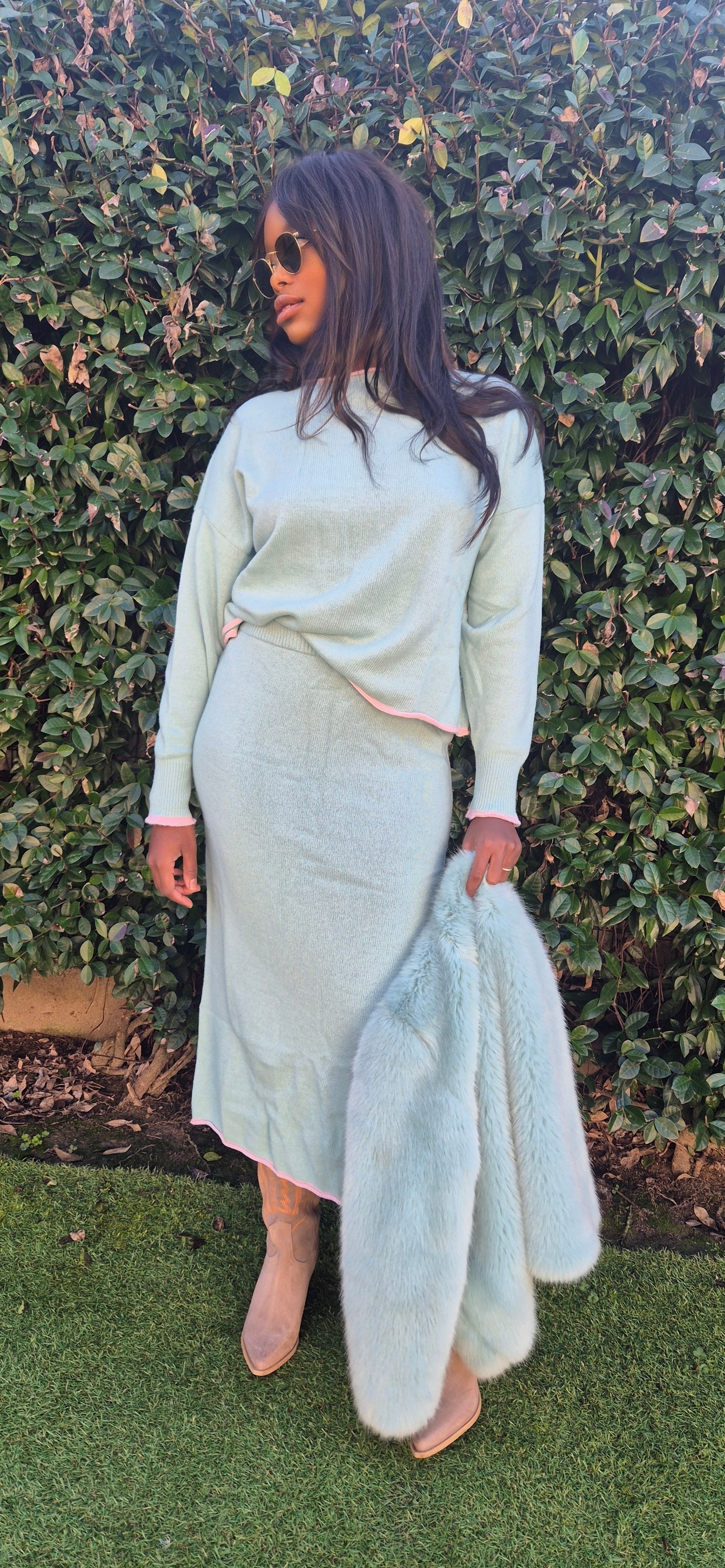 Completo lana cashmere gonna azzurro